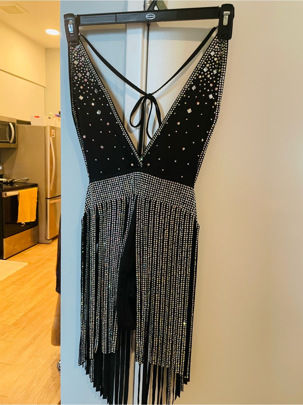 Black Embellished Fringe V-Neck Dress